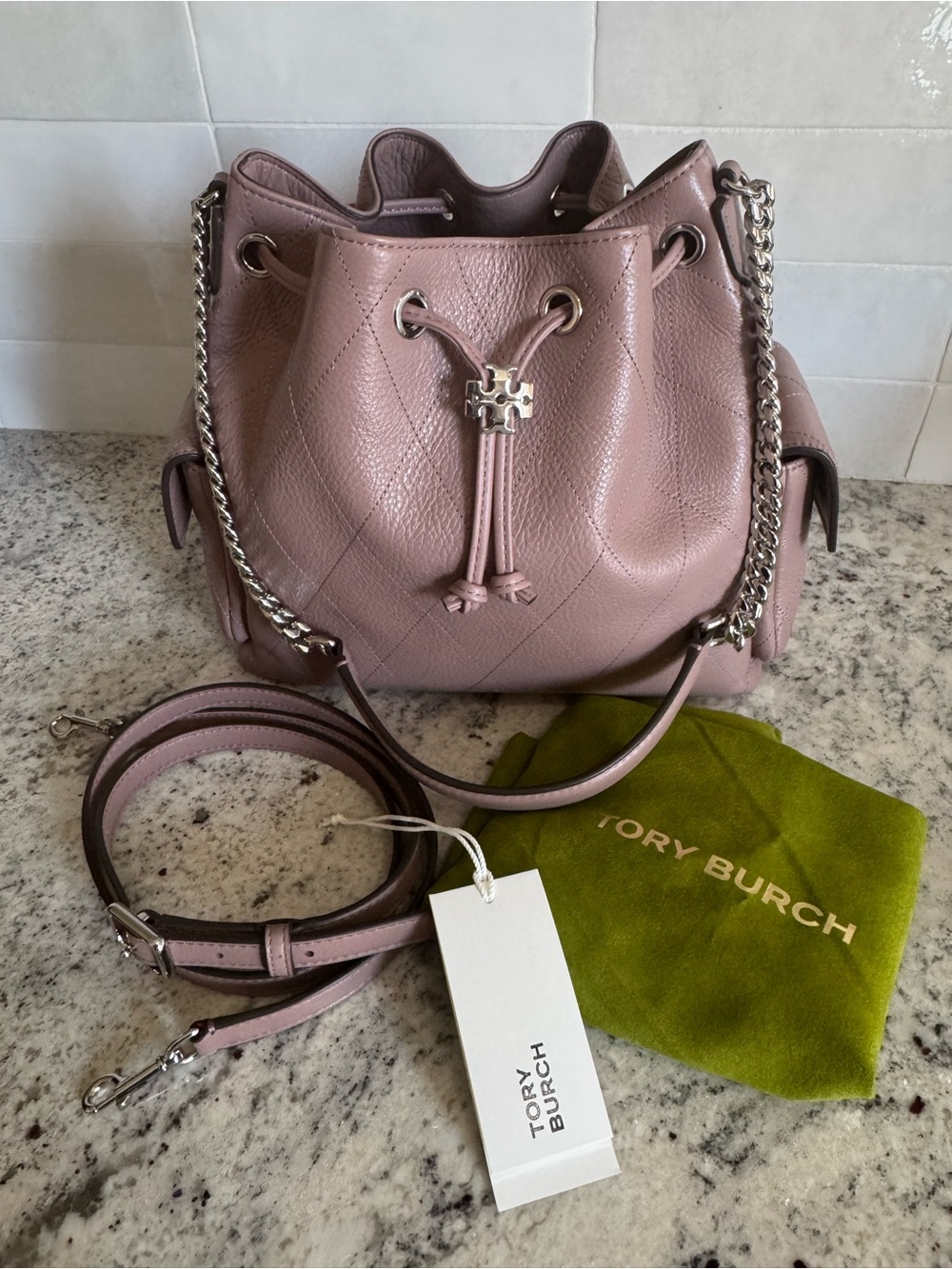 RARE Authentic Tory Burch Small Mauve Charlie Quilted Drawstring Bag